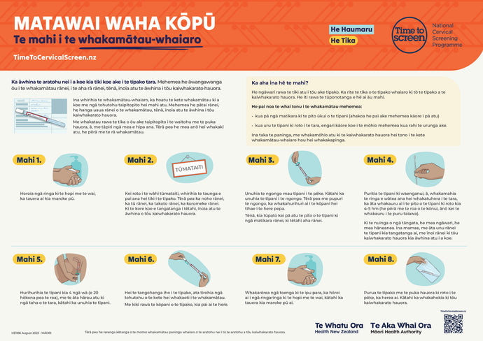 Matawai waha kōpū: te mahi i te whakamātau-whaiaro Cervical screening: how to do the HPV self-test te reo Māori A3 landscape poster HE1186
