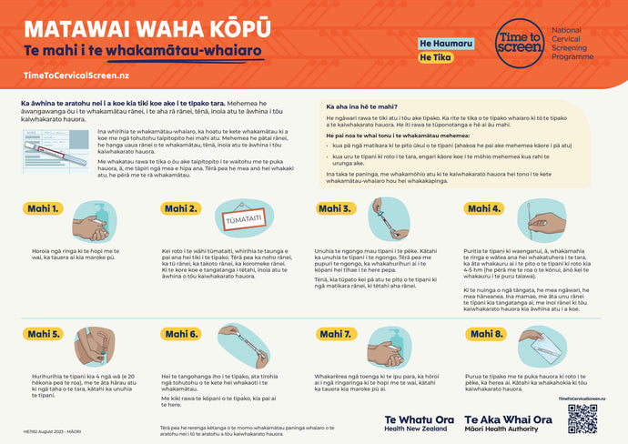 Matawai waha kōpū: te mahi i te whakamātau-whaiaro Cervical screening: how to do the HPV self-test te reo Māori A4 landscape poster HE1182