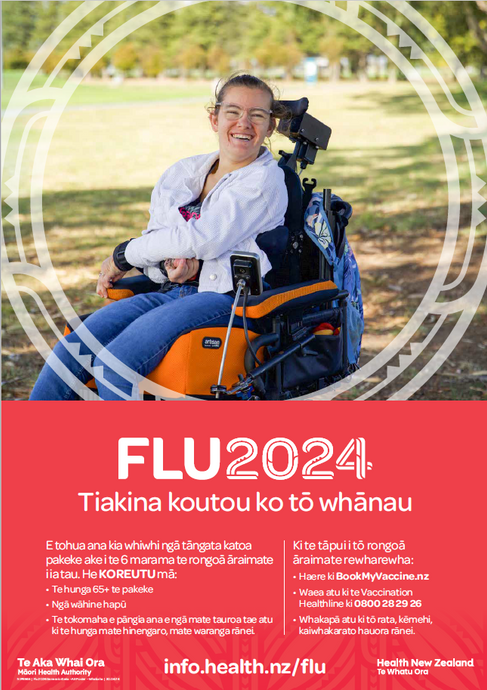 Flu 2024 - Tiakina koutou ko tō whānau A3 poster - te reo Māori - Whaikaha - NIP8946