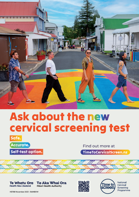 Ask about the new cervical screening test English A4 portrait poster four people - Rainbow - Trans & non-binary HE1198