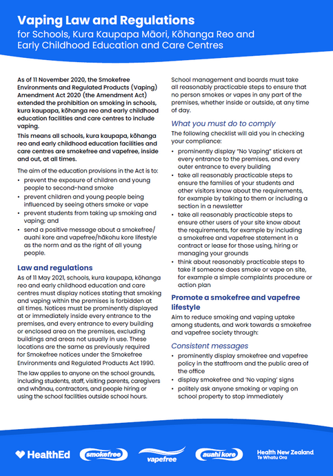 Vaping Law and Regulations for Schools, Kura Kaupapa Māori, Kōhanga Reo and Early Childhood Education and Care Centres HE1515