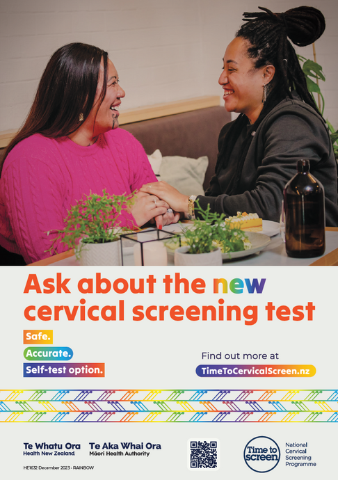 Ask about the new cervical screening test English A4 portrait poster two people - Rainbow - Lesbian - HE1632