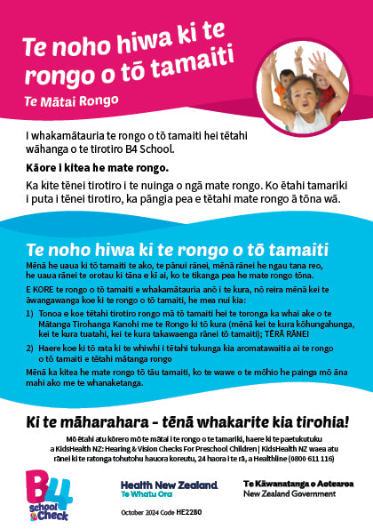 Keeping an Eye on Your Child's Hearing (B4 School Hearing Screening) - te reo Māori - HE2280