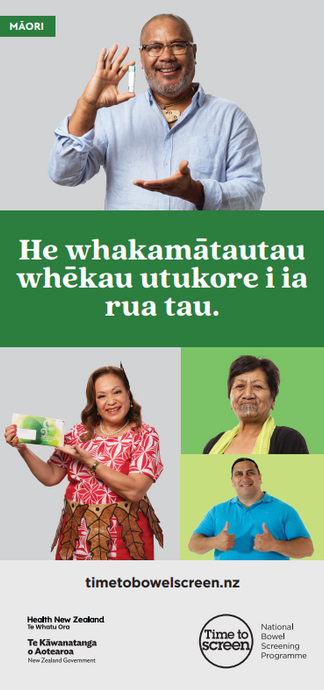 He whakamātautau whēkau utukore i ia rua tau - Free bowel screening every two years 58 to 74 years – te reo Māori - HE2731-58YR