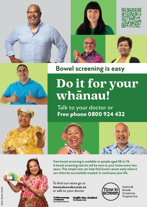 Bowel screening is easy - Do it for your whānau! poster A3 English - HE2734-58YR