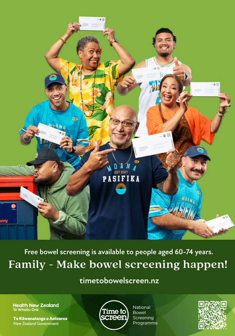 Family - Make bowel screening happen! Moana Pasifika poster A3 English - HE2735