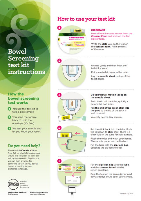 Bowel screening test kit instructions - English - HE2750