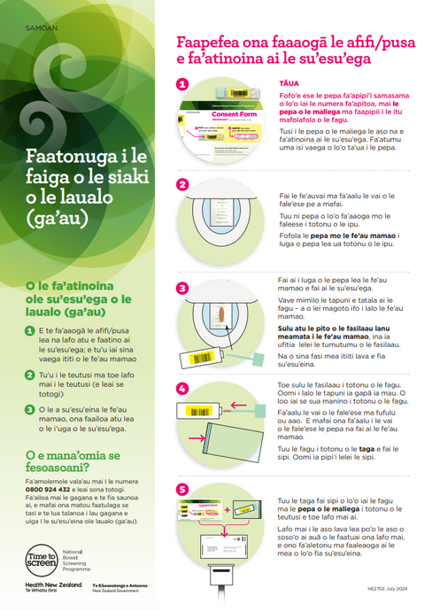 Faatonuga i le faiga o le siaki o le laualo (ga’au) - Bowel screening test kit instructions - Samoan - HE2752