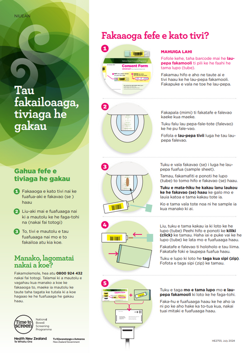 Tau fakailoaaga, tiviaga he gakau - Bowel screening test kit instructions - Niuean - HE2755