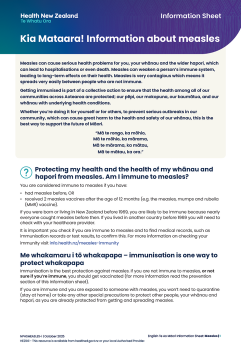 Kia Mataara! Information about measles - English - HE2941