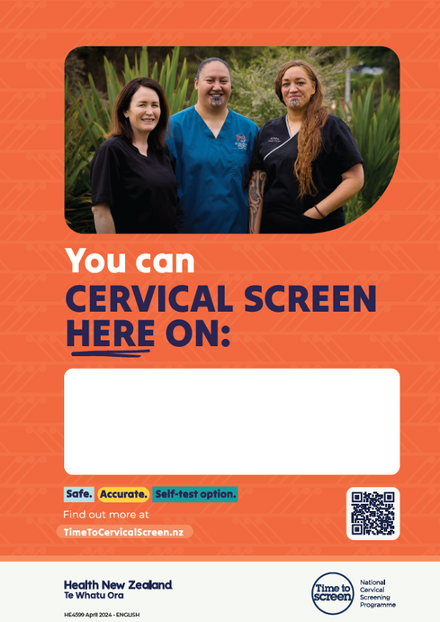 Cervical screening: screening clinic here A4 portrait HE4599