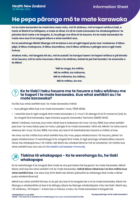 He pepa pārongo mō te mate karawaka - Measles information sheet - te reo Māori - HE8128