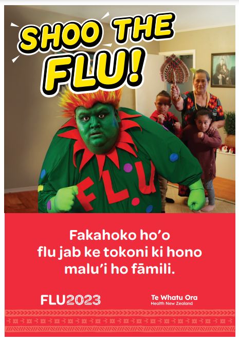 Shoo the Flu flyer - Pasifika design - Tongan version - NIP8735TON
