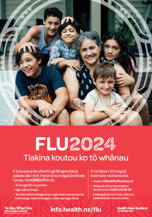 Flu 2024 - Tiakina koutou ko tō whānau A3 poster - te reo Māori - NIP8928