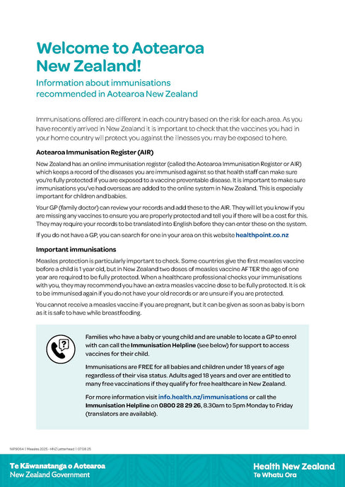 Information about immunisations recommended in Aotearoa New Zealand - NIP9064