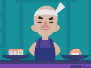 Sushi chef observing sushi train as it goes past