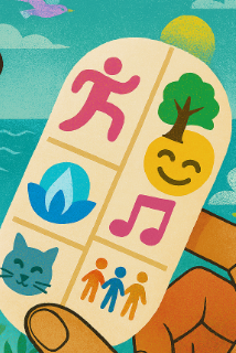 a tablet with symbols of activities – exercise, breathing, singing, being with friends, pets or in nature that release the body’s own helpful chemicals