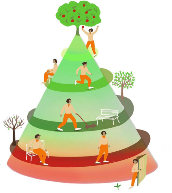 This illustration of a path emerging from the bottom of the hill, winding up to the top, with a person in different activities – walking, sometimes with a dog, sitting, cheering at the top. It was created by Sarah Wilkins to reflect that many small steps taken, and occasional pauses, can lead to reaching a seemingly unachievable destination when you remain focussed on the direction you are moving towards.   