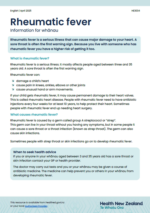 Rheumatic fever factsheet: information for whānau - English HE3034