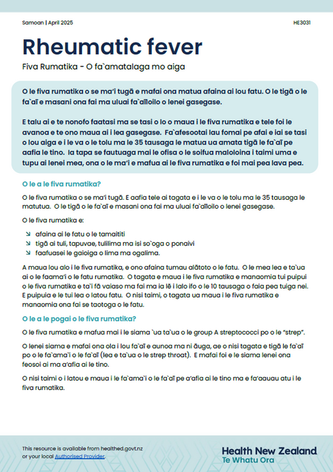Rheumatic fever factsheet: information for whānau - Samoan 3031