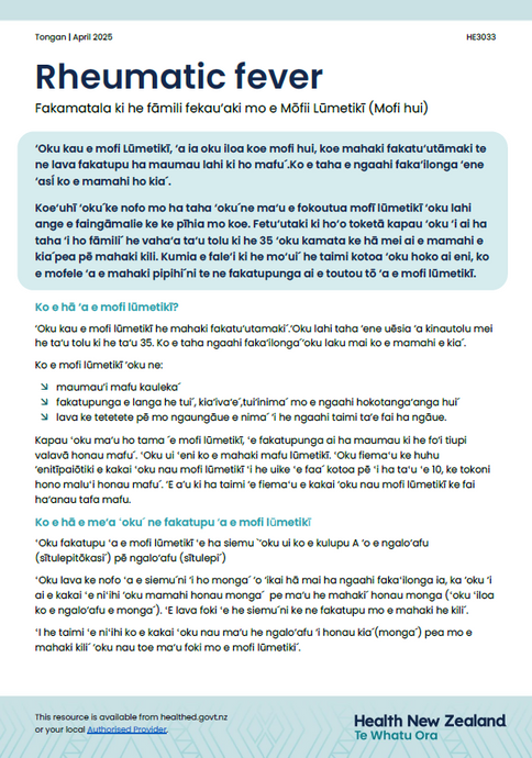 Rheumatic fever factsheet: information for whānau - Tongan HE3033
